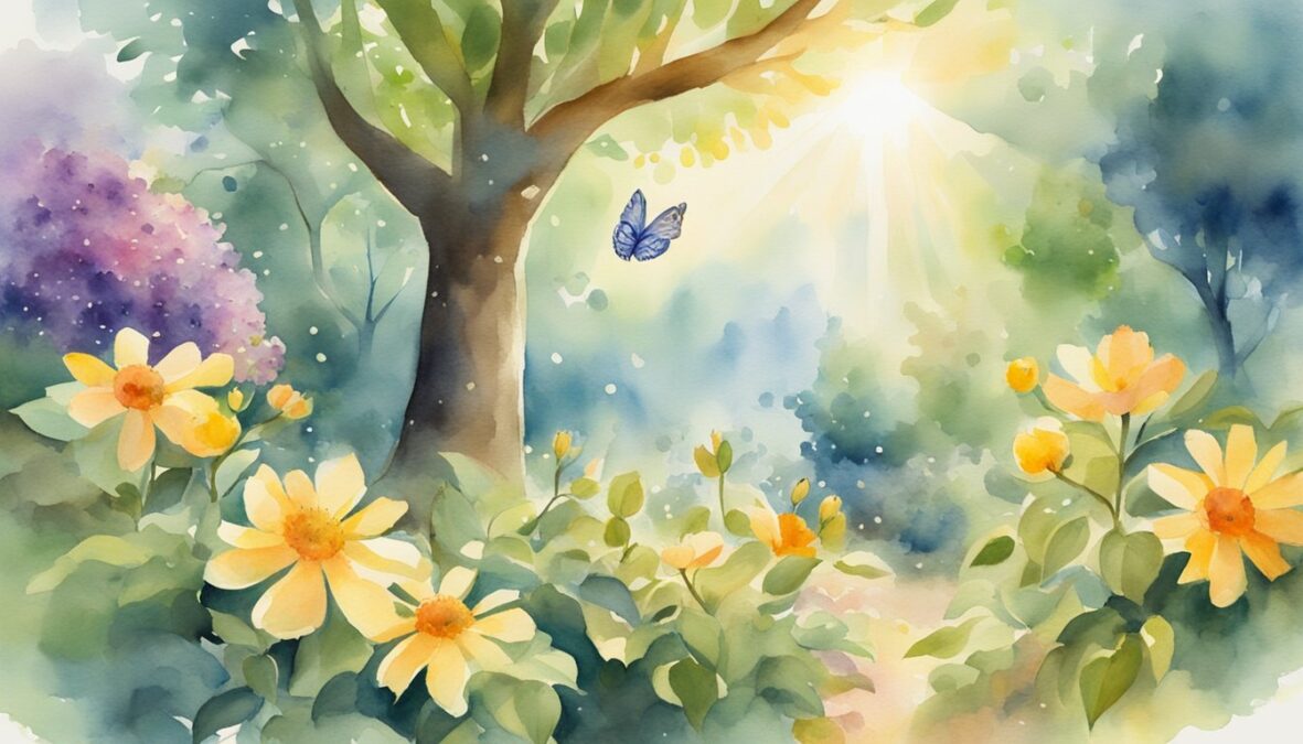 A garden with blooming flowers, a butterfly emerging from a cocoon, and a tree bearing ripe fruits, all surrounded by rays of sunlight