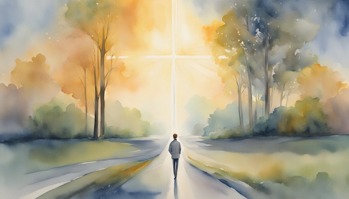 A figure stands at a crossroads, contemplating life's choices.</p></noscript><p>A glowing 455 angel number hovers above, casting a warm, guiding light