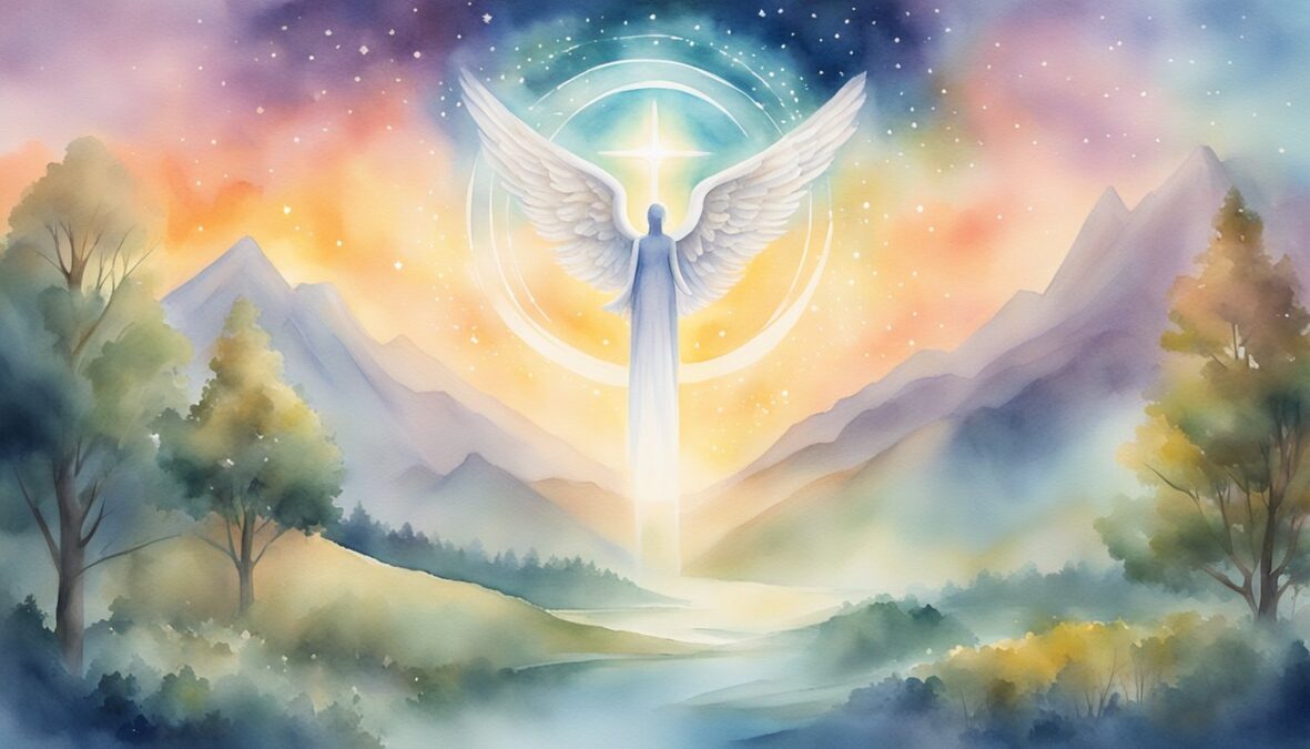 A glowing 455 angel number hovers above a serene landscape, surrounded by celestial symbols and radiant light