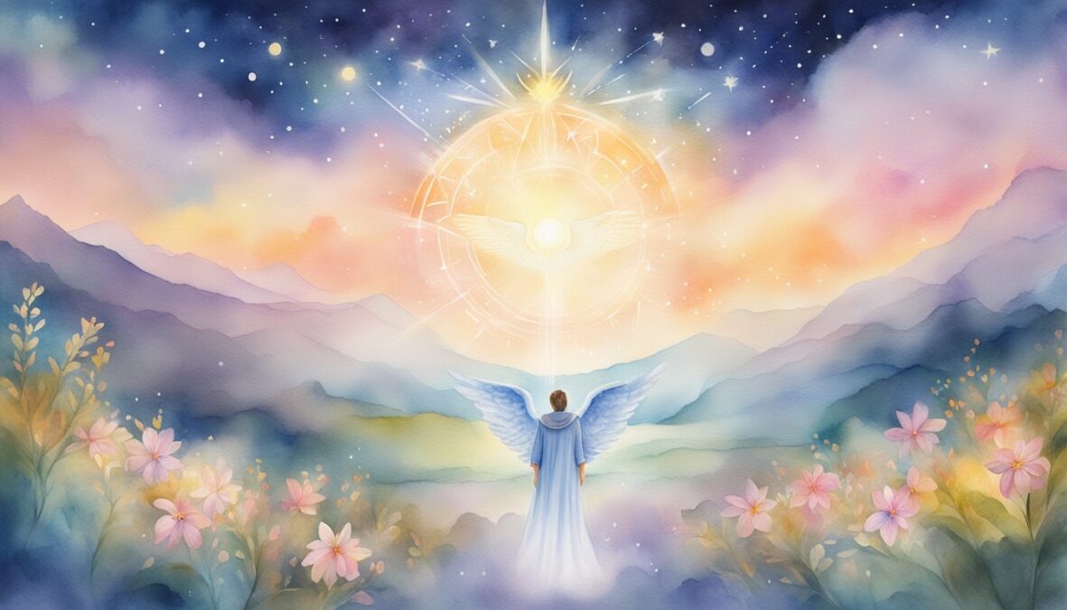 A glowing 110 angel number hovers above a serene landscape, surrounded by celestial symbols and radiant energy