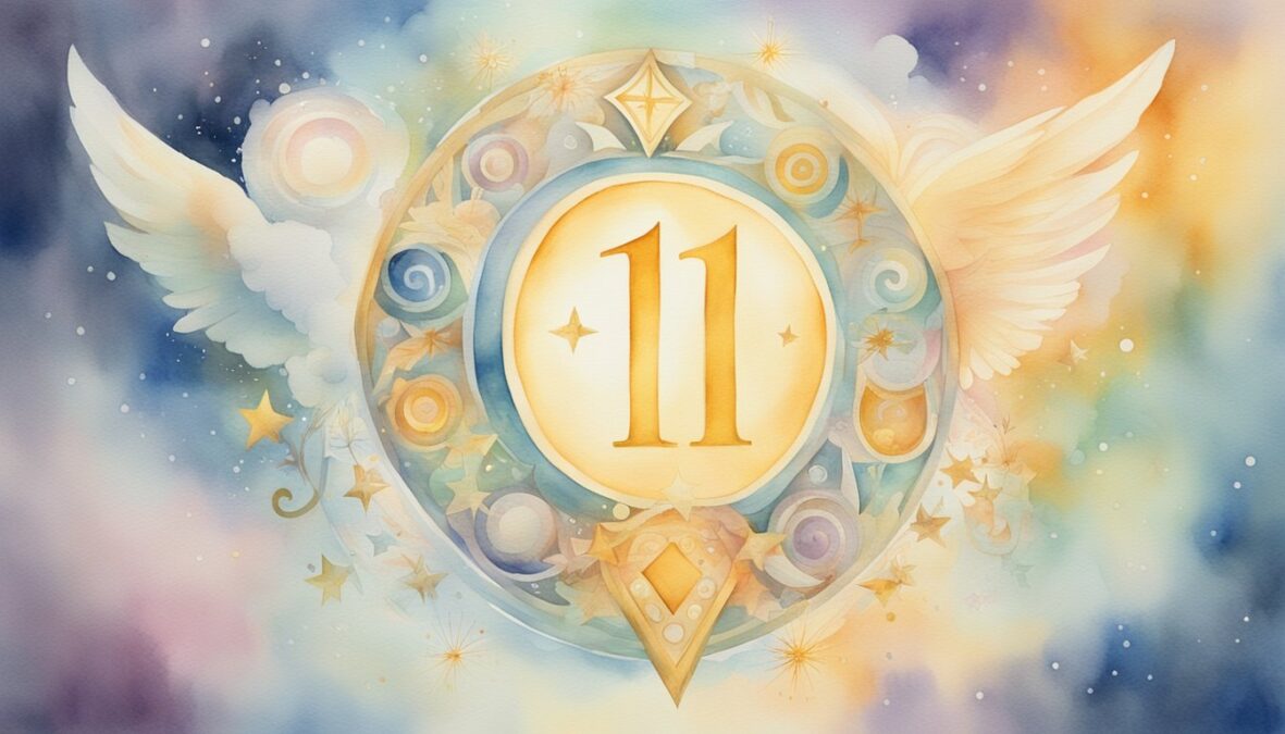 A glowing number "110" surrounded by angelic symbols and a halo