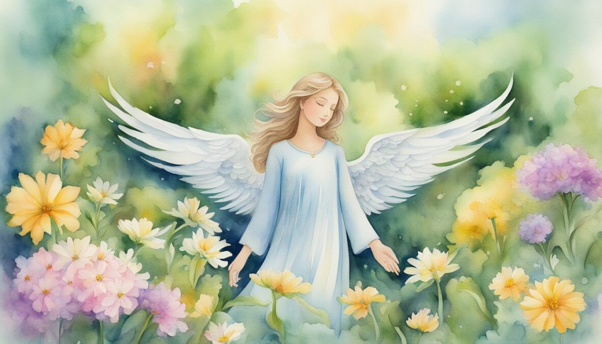 The 420 angel number hovers above a garden of blooming flowers, symbolizing personal growth and spiritual awakening