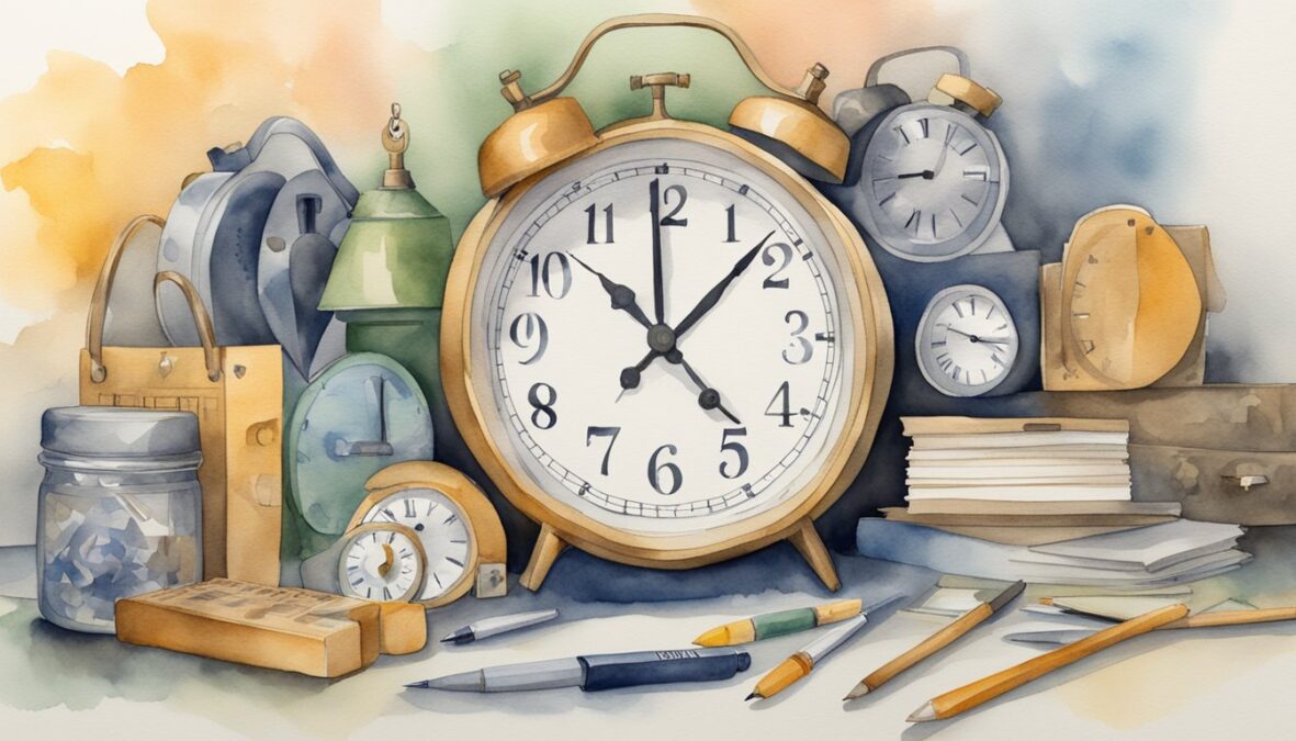 A clock reads 6:22, surrounded by symbols of practicality - a toolbox, a calculator, and a calendar