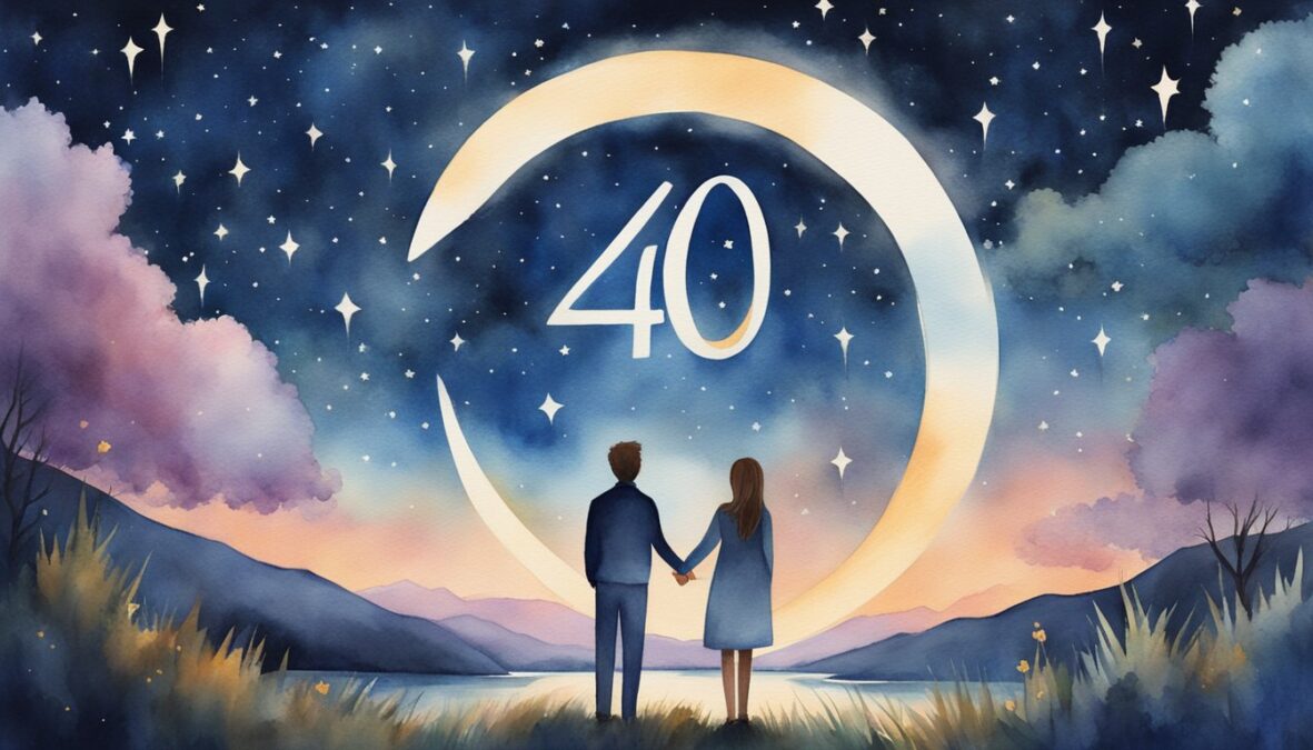 A couple standing under a starry sky, surrounded by the number 4040 glowing in the air, symbolizing love and divine guidance