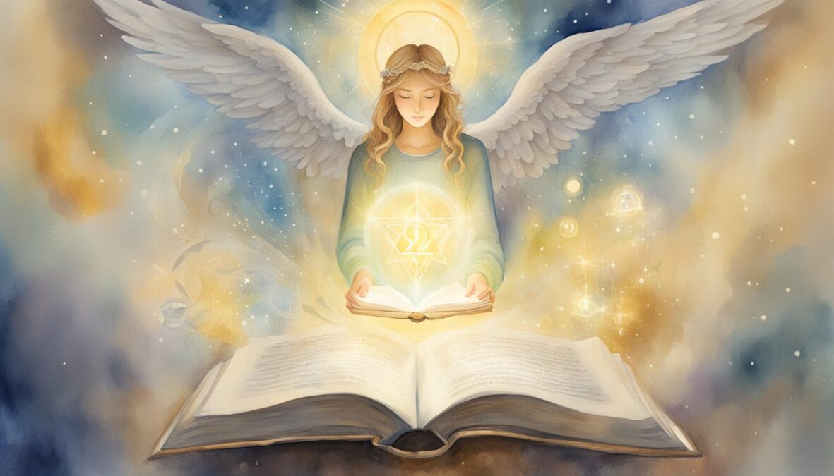 A glowing angelic figure holds a book with "227" on the cover, surrounded by beams of light and symbols of guidance