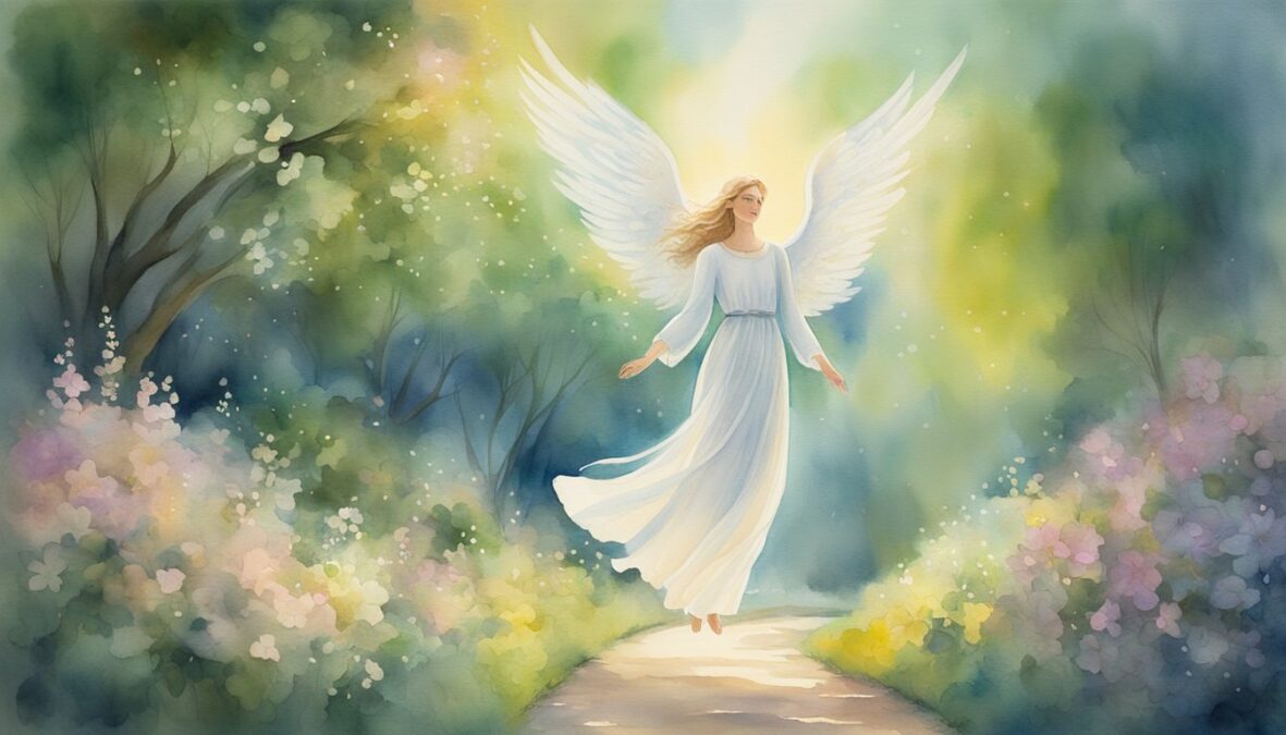 A glowing angelic figure hovers above a winding path, surrounded by blooming flowers and reaching towards the sky