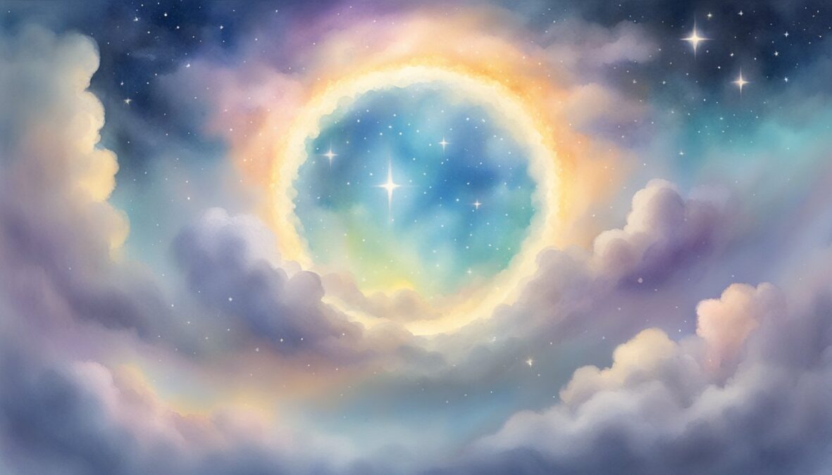 A glowing halo hovers above the number 55555, surrounded by celestial clouds and shimmering stars