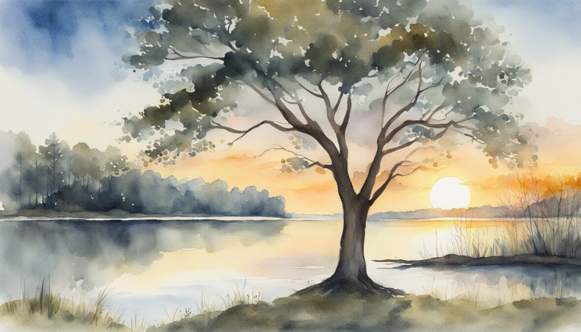 A sunrise over a calm lake, with a path leading towards the horizon.</p></noscript><p>A tree stands tall, with branches reaching towards the sky.</p><p>The number 114 is subtly etched into the bark