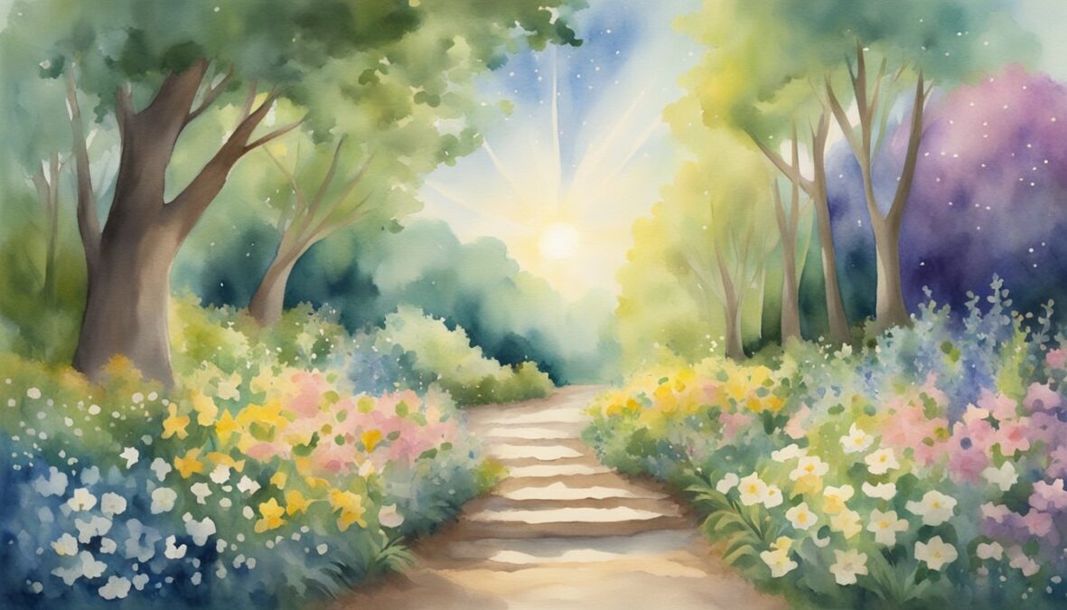 A bright light shines down on a path, surrounded by blooming flowers and lush greenery.</p></noscript><p>The number 14 appears in the sky, surrounded by angelic energy, symbolizing manifestation and life changes