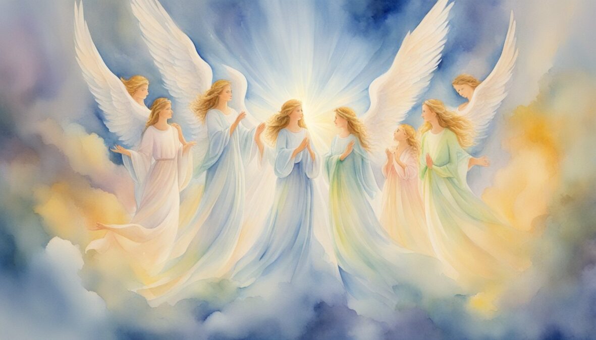Angels surround a person, radiating light and love, offering guidance and protection. 4343 angel number signifies their presence