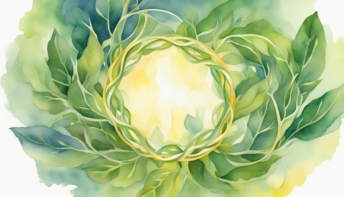 A glowing halo encircles a pair of intertwined vines, each bearing 21 leaves, representing the influences of Angel Number 21 on personal life