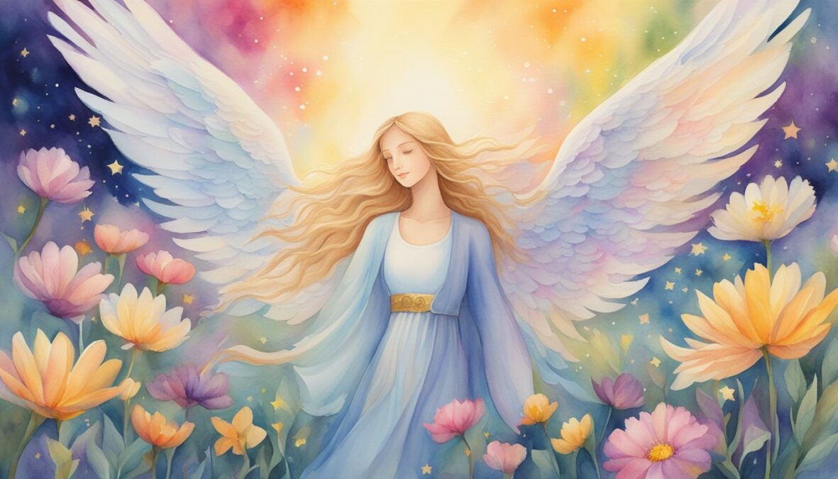 A glowing figure stands in a field of vibrant flowers, surrounded by 21 shining stars and a pair of angel wings