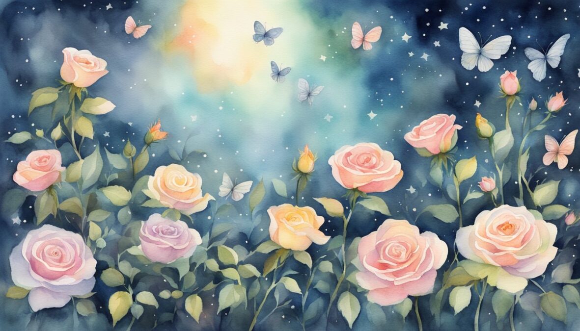 A serene garden with four blooming roses, nine fluttering butterflies, and forty-nine twinkling stars in the night sky