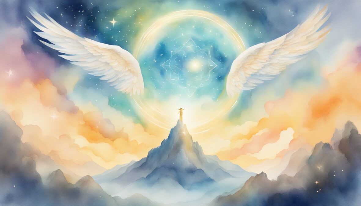 A glowing 6262 angel number hovers above a serene landscape, surrounded by celestial symbols and radiant light