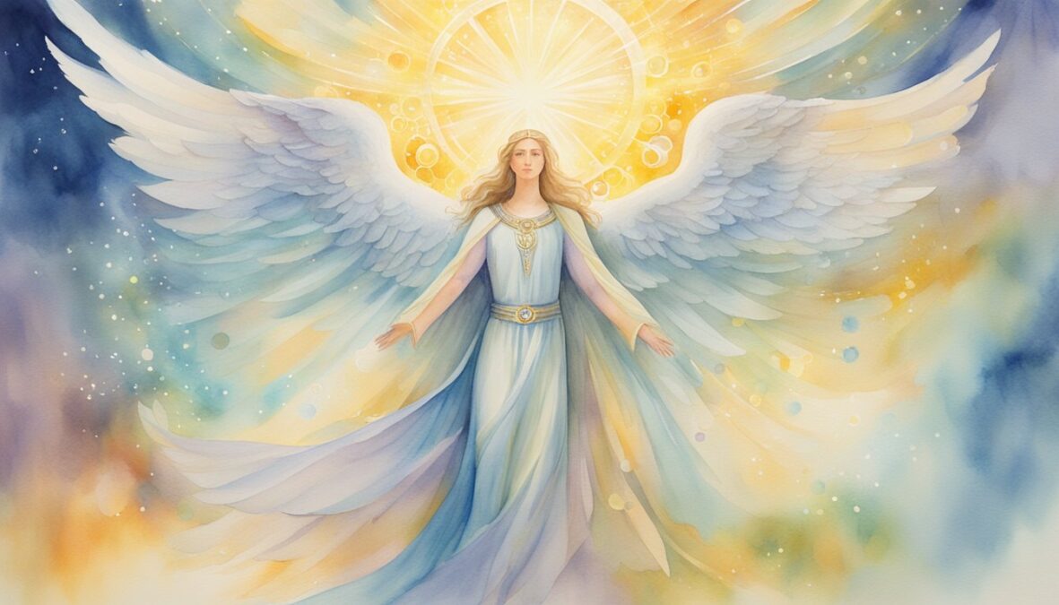 A radiant angelic figure hovers above a person, surrounded by glowing symbols and a sense of divine guidance