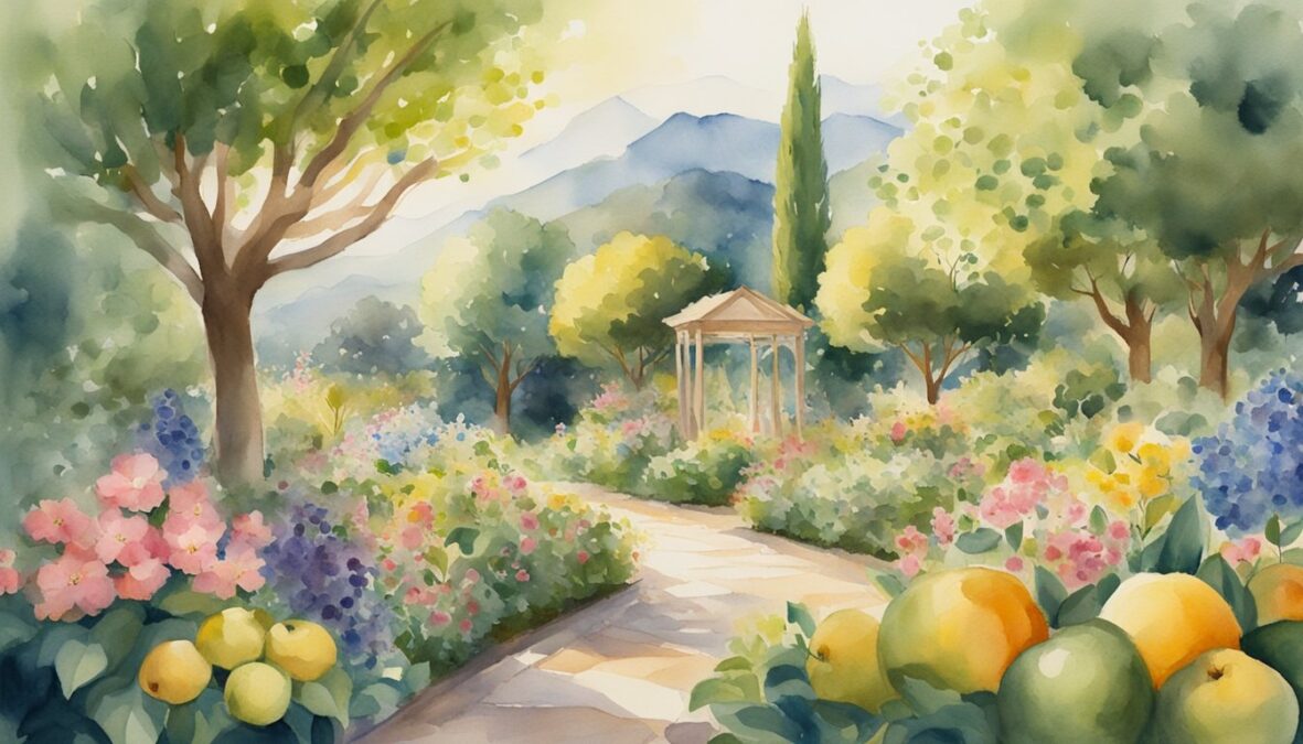 A lush garden with blooming flowers, overflowing fruit trees, and a radiant sun shining down, surrounded by symbols of prosperity and growth