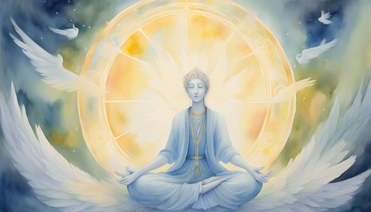 A serene figure meditates under a glowing halo, surrounded by ethereal beings with wings, radiating peace and guidance.</p></noscript><p>The number 1177 appears in the background, symbolizing divine communication