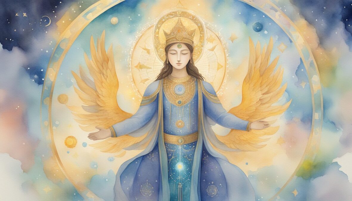 A glowing figure holds a radiant 34, surrounded by celestial symbols and a sense of divine guidance