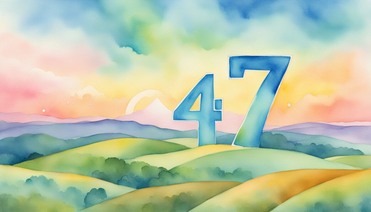 A glowing number 47 hovers above a serene landscape, radiating positive energy and sending messages of guidance and protection