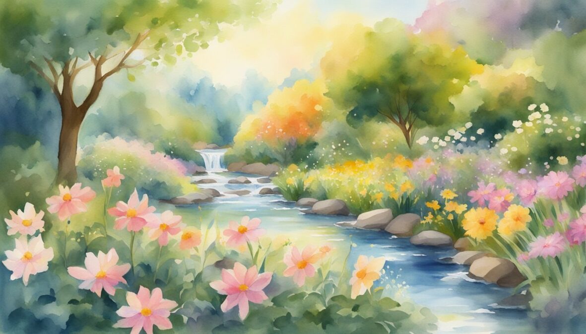 A garden with blooming flowers, a flowing stream, and a radiant sun shining down, surrounded by 6363 6363 angel number symbols