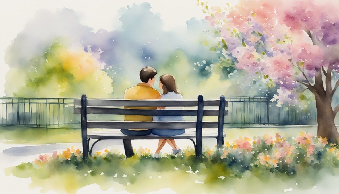 A couple sits on a park bench, surrounded by blooming flowers and a serene atmosphere, as they engage in deep conversation and affectionate gestures