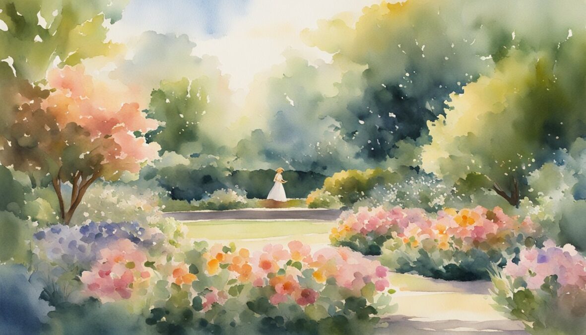 A figure stands in a serene garden, surrounded by blooming flowers and lush greenery.</p></noscript><p>The sky is clear, with a bright sun shining down, casting a warm and peaceful glow over the scene