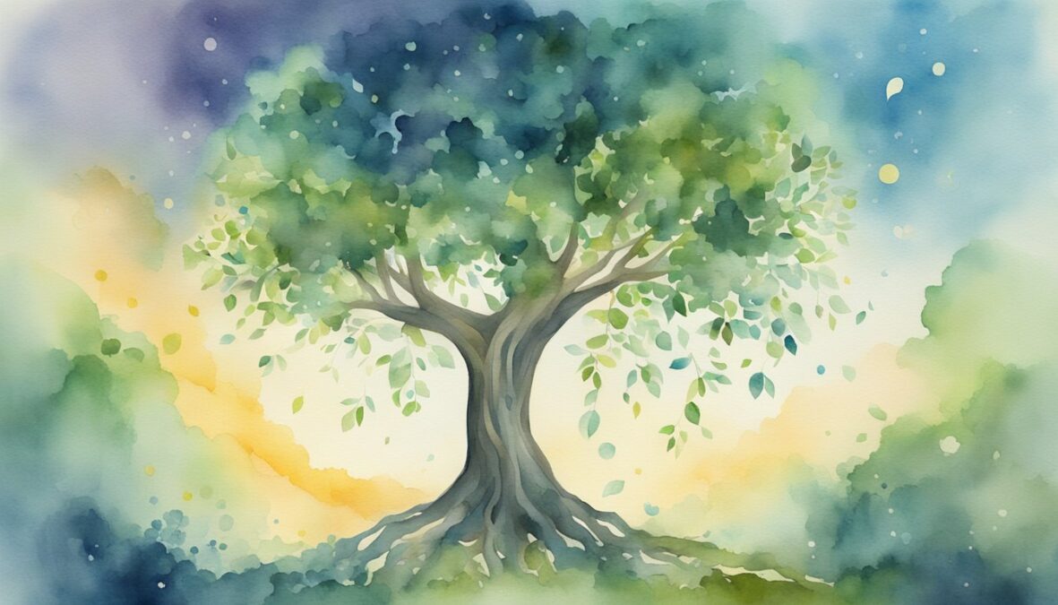 A young tree reaching towards the sky, surrounded by symbols of growth and spirituality.</p></noscript><p>The number 224 appears as a glowing, ethereal presence above the tree