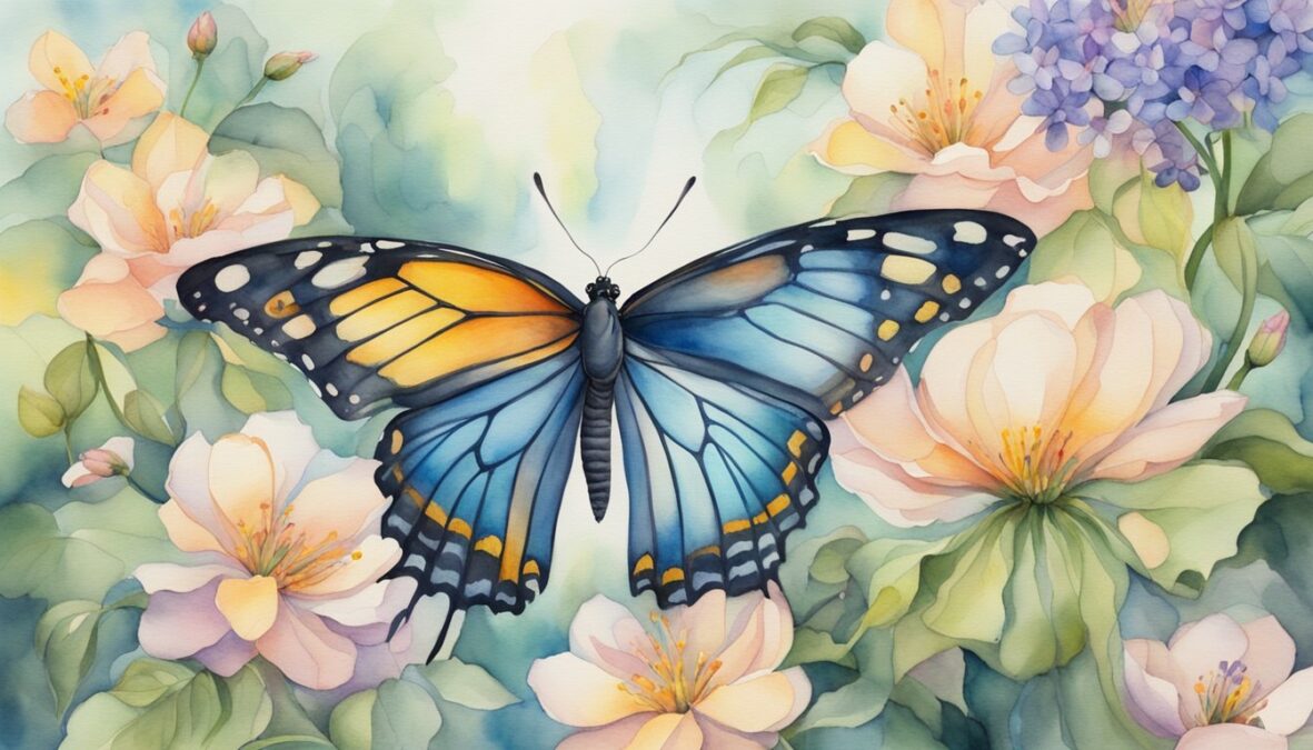 A butterfly emerging from a chrysalis, surrounded by swirling winds and blooming flowers