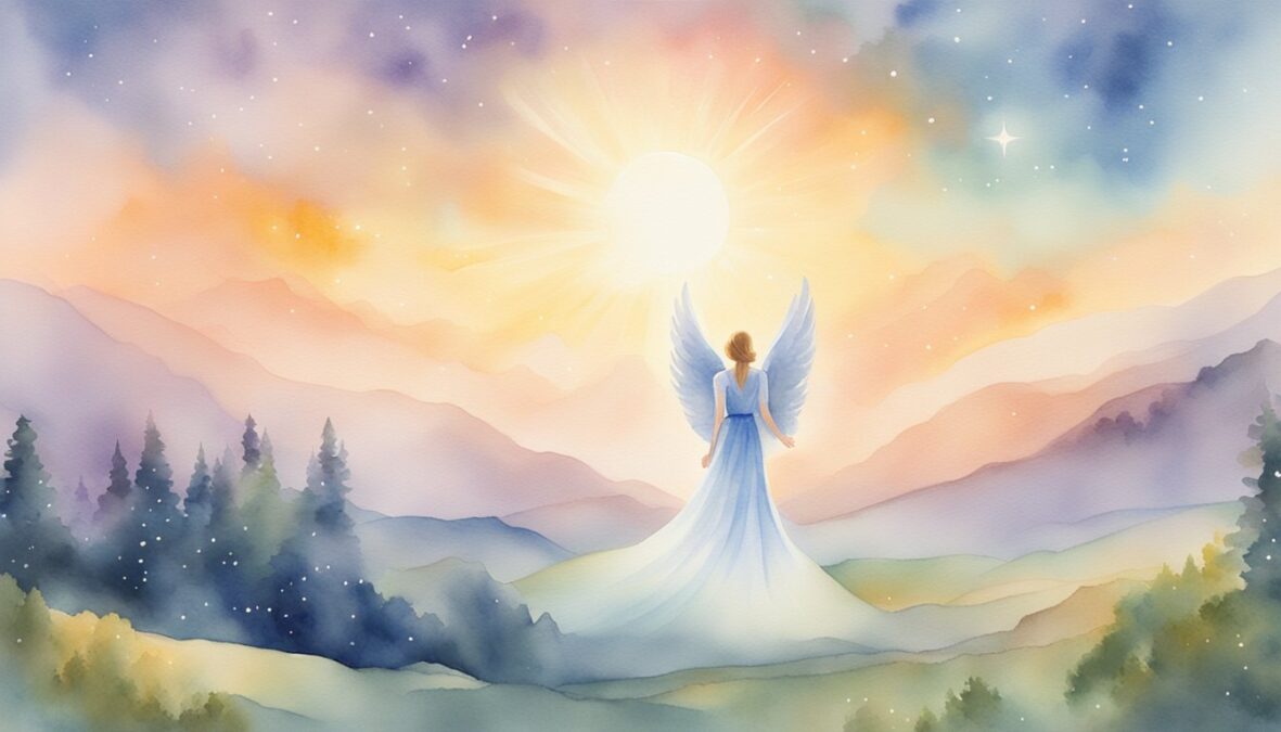 A glowing 8181 angel number hovers above a serene landscape, surrounded by celestial light and peaceful energy
