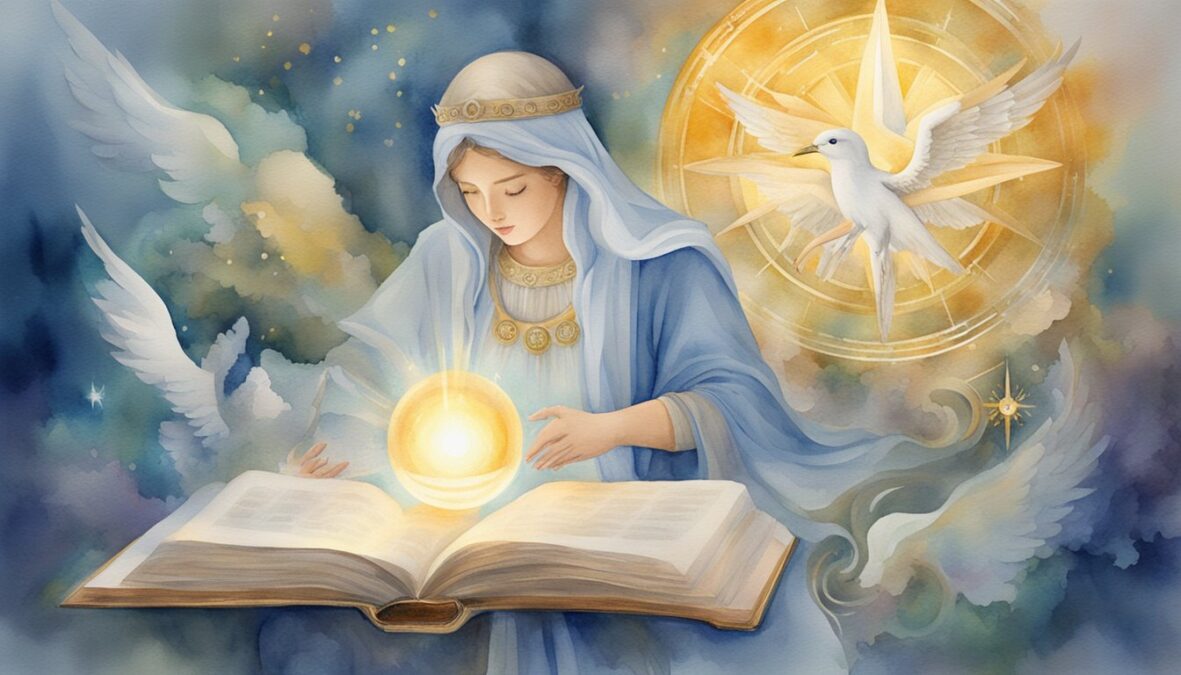 A serene setting with a glowing angelic figure surrounded by symbols of guidance and wisdom, such as a compass, open book, and shining light