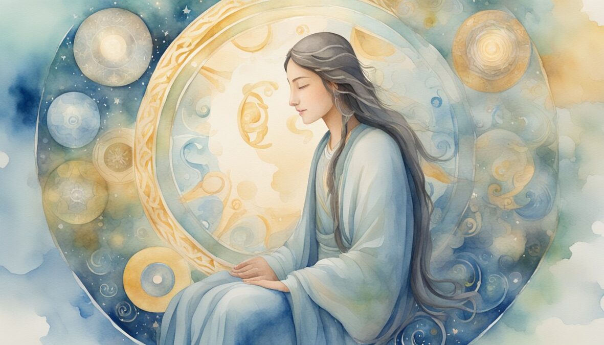 A serene figure surrounded by celestial symbols, radiating a sense of peace and guidance