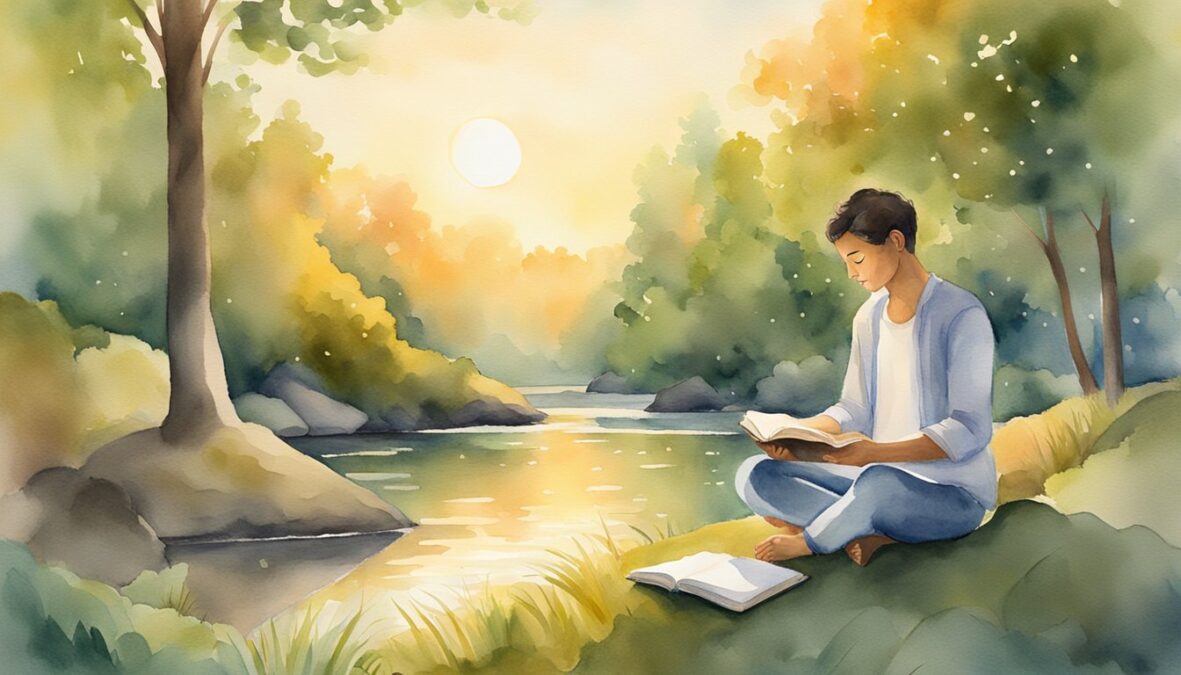 A person meditates in a serene setting, surrounded by nature.</p></noscript><p>The sun sets, casting a warm glow on the scene.</p><p>The person holds a journal, reflecting on the significance of the 119 angel number