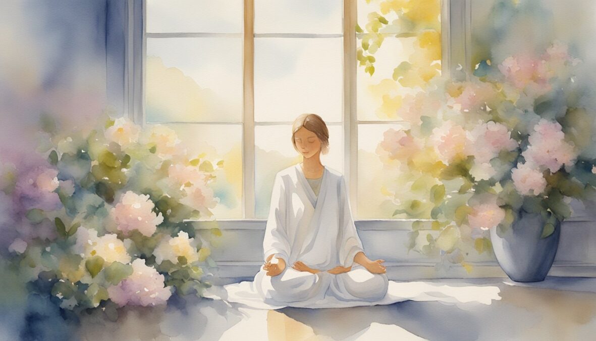 A serene figure meditates in a sunlit room, surrounded by blooming flowers and a glowing 440 angel number