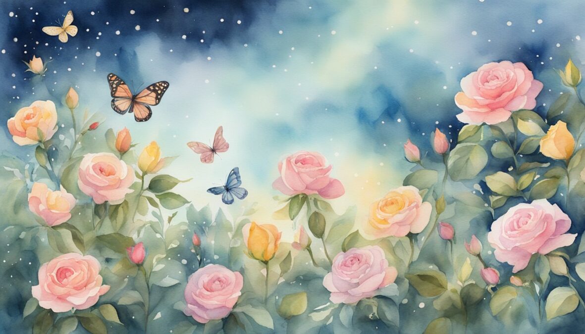 A serene garden with seven blooming roses, seven ripe fruits, and seven fluttering butterflies, under a sky with seven shining stars