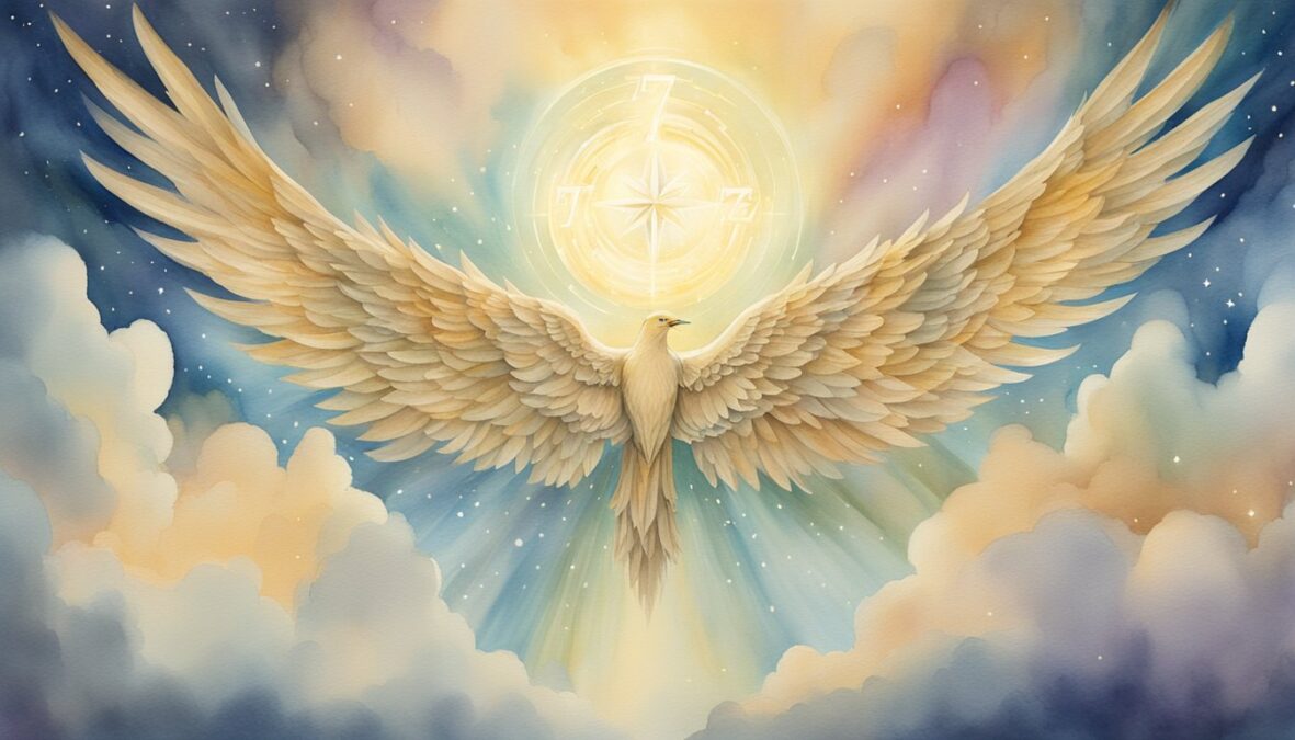 The number 77777 is surrounded by glowing angelic figures, with a halo of light and wings, floating in a celestial sky