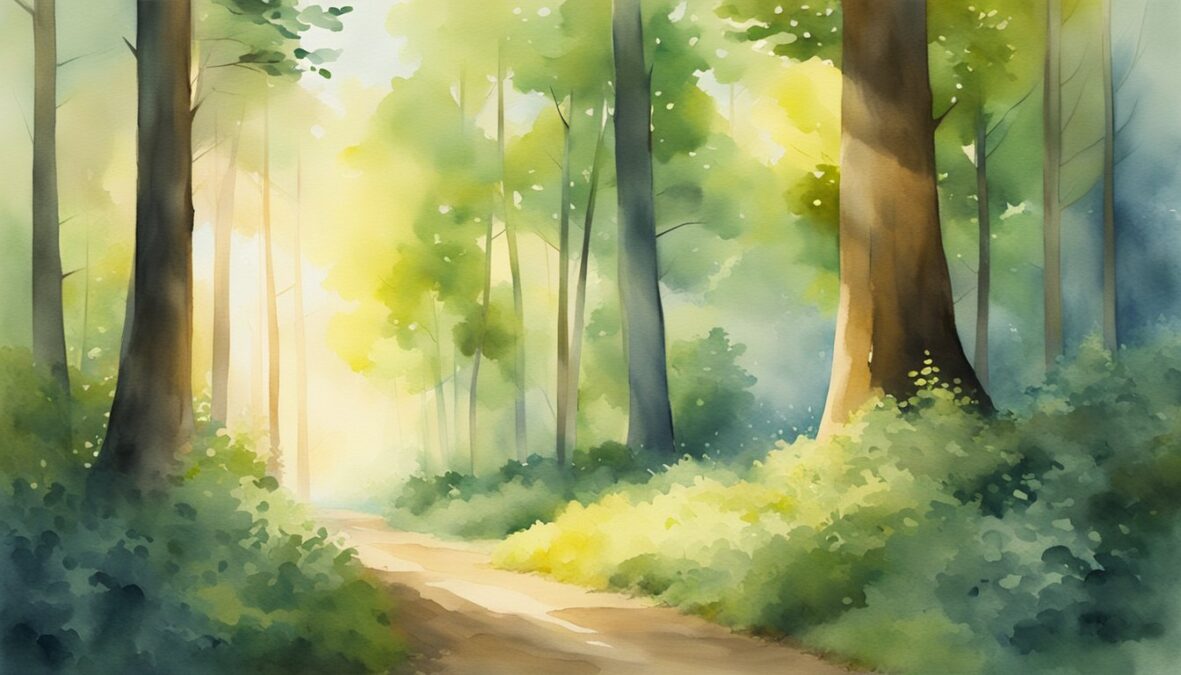 A serene forest clearing with beams of sunlight breaking through the trees, illuminating a path leading to a glowing portal of opportunity