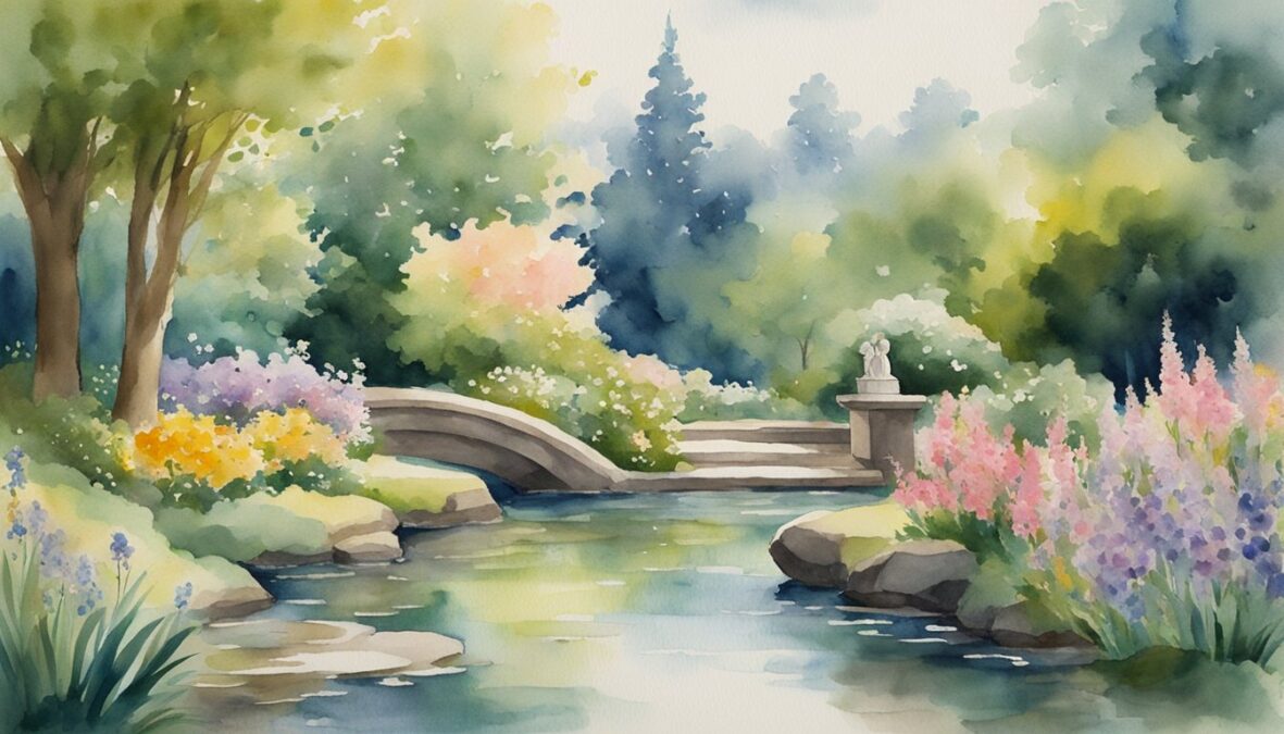 A serene garden with a flowing stream, surrounded by blooming flowers and lush greenery, under the watchful gaze of a pair of angelic figures