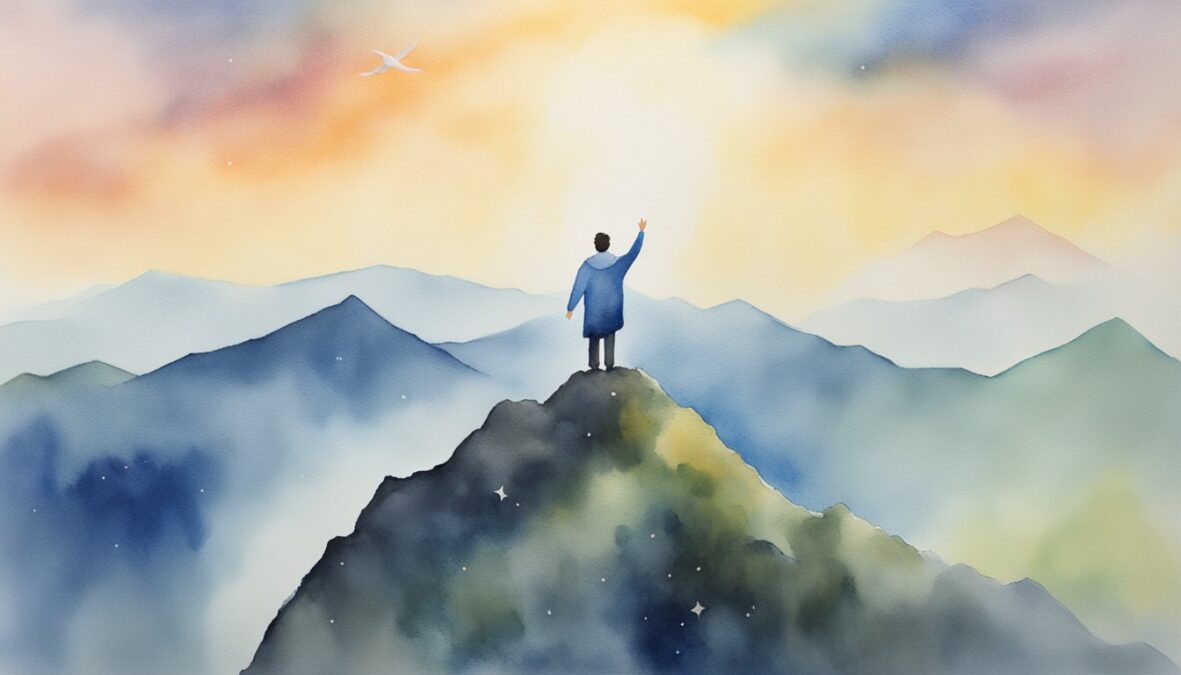 A figure stands atop a mountain peak, symbolizing triumph over obstacles.</p></noscript><p>The number 220 glows in the sky, representing the angelic support in overcoming challenges