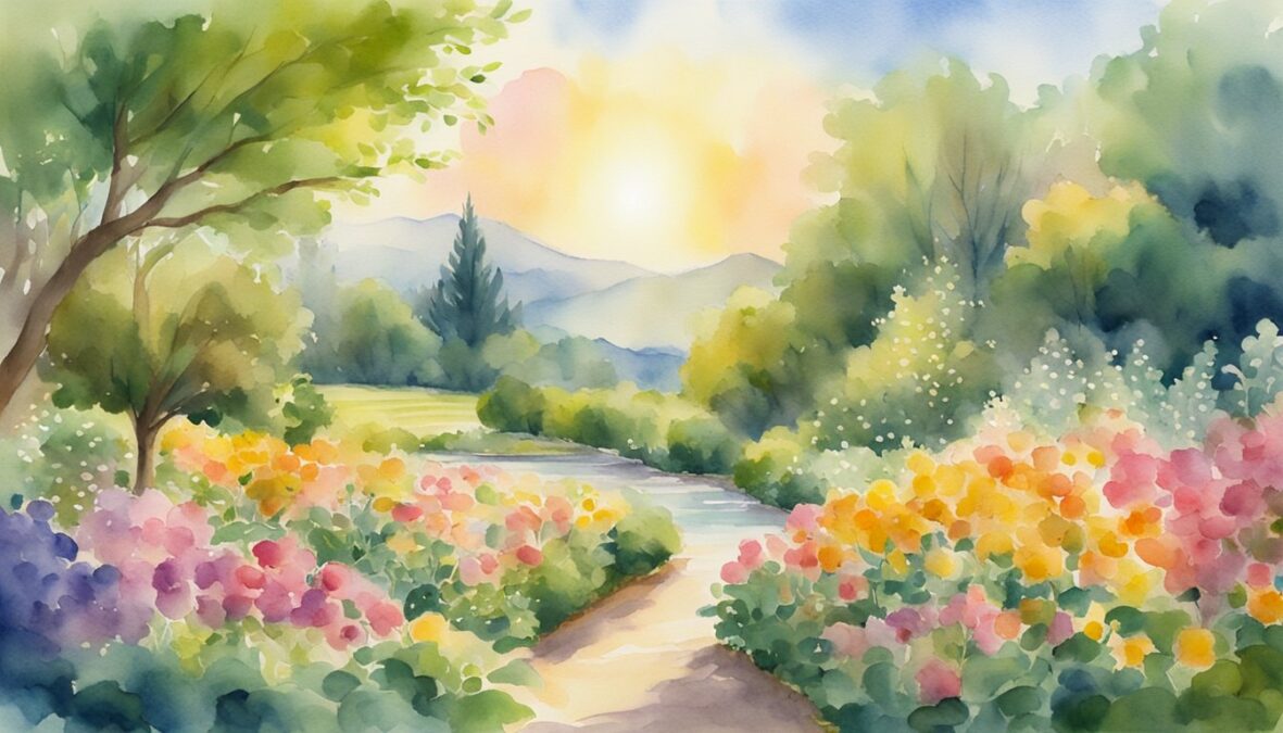 A radiant sun shining over a lush garden with blooming flowers, surrounded by flowing streams and abundant fruit trees