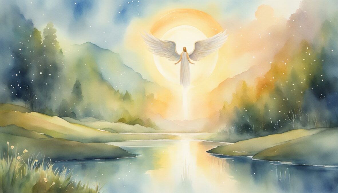 A glowing 551 angel number hovers above a serene landscape, surrounded by celestial light and peaceful energy