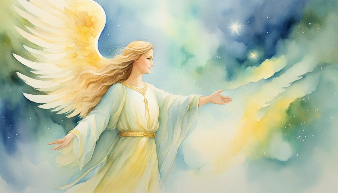 A bright, glowing angelic figure hovers over a person, guiding them through various practical tasks and actions