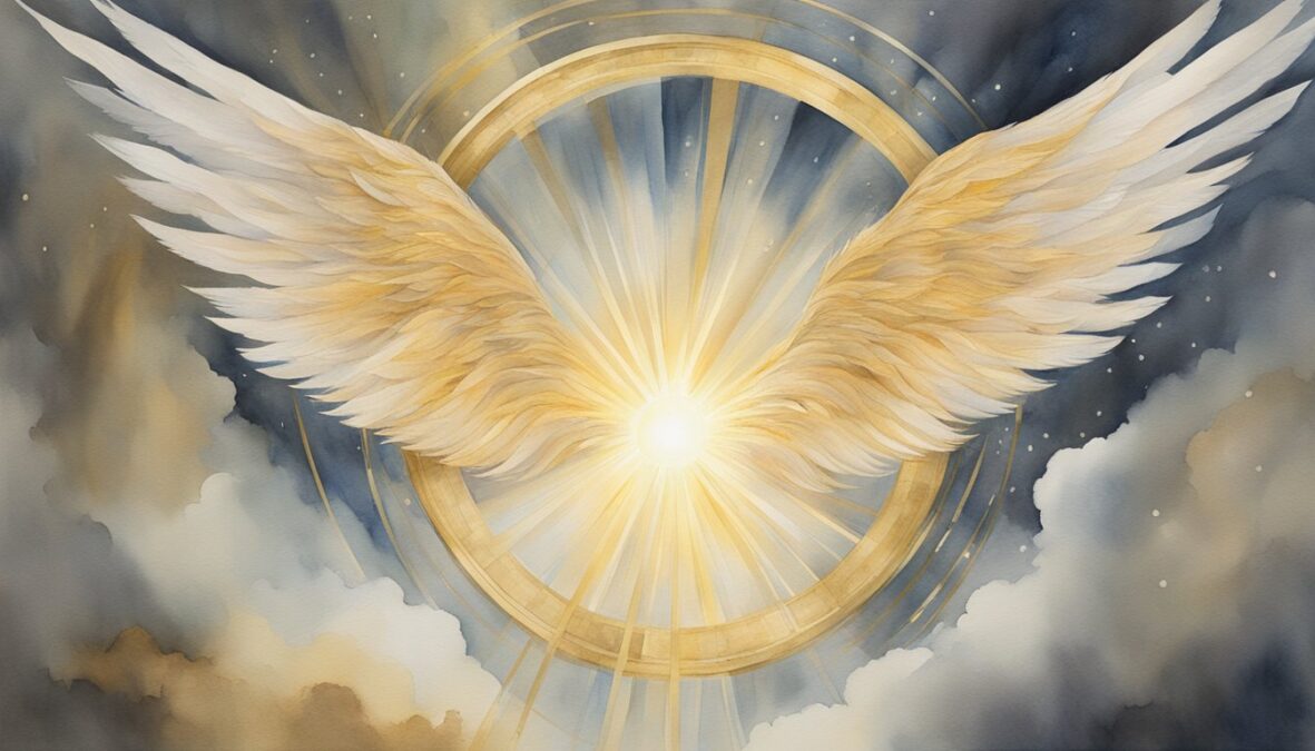 A golden halo encircles the number 9494, with beams of light radiating outwards.</p></noscript><p>Feathers and wings are scattered around, hinting at angelic presence