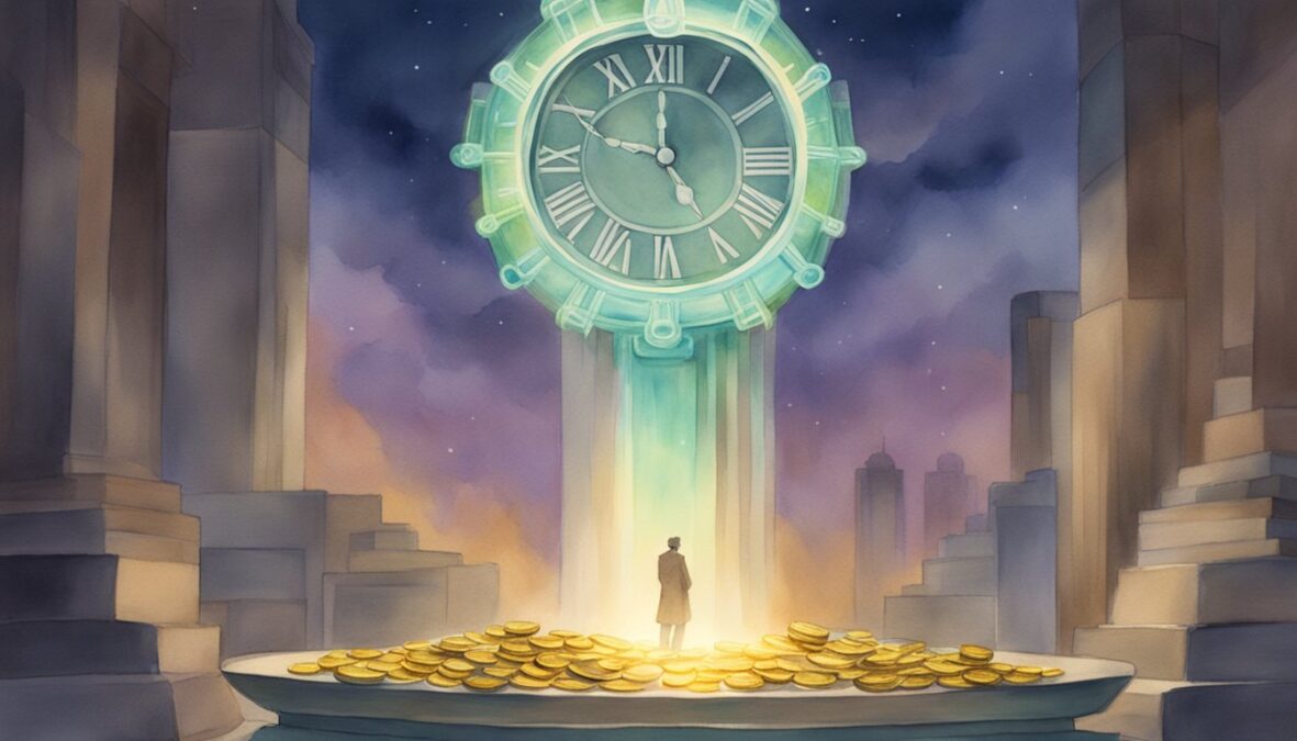 A glowing halo hovers above a stack of coins, while a clock strikes 11:00.</p></noscript><p>A pair of wings casts a shadow in the background