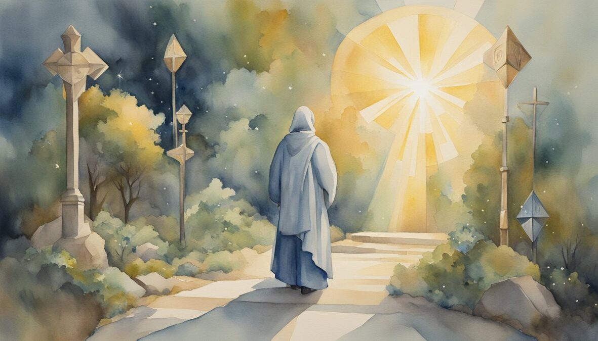 A figure stands at a crossroads, surrounded by symbols of guidance and protection.</p></noscript><p>A beam of light shines down from above, illuminating the figure and casting a sense of purpose and clarity