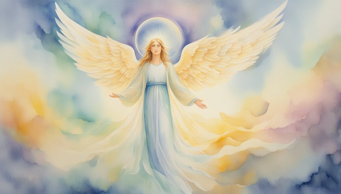 A glowing angelic figure hovers above the numbers 1100, emanating a sense of wisdom and guidance