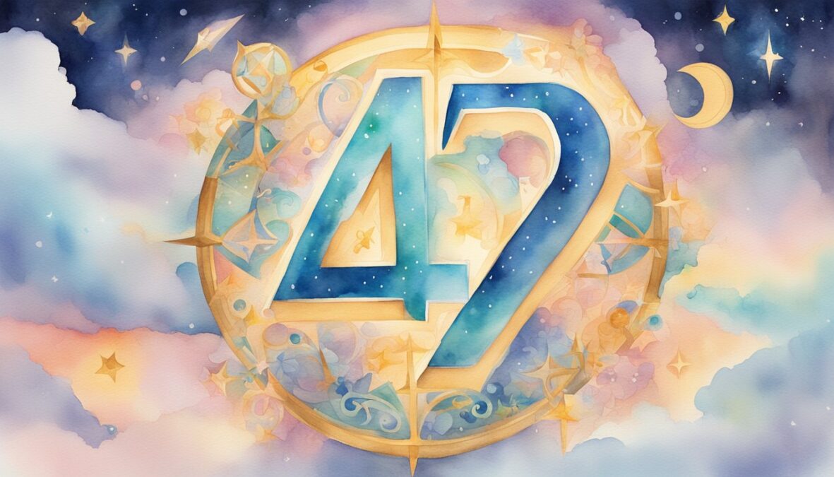 A glowing number 42 surrounded by angelic symbols and celestial imagery