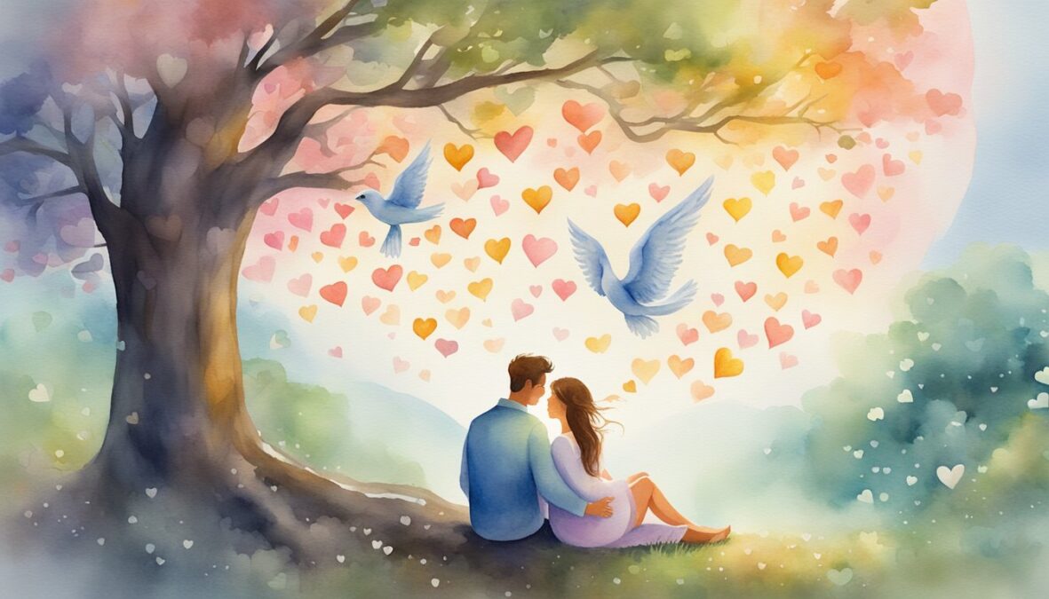 A couple sitting under a tree, surrounded by hearts and angelic symbols.</p><p>The number 6868 is glowing in the sky, radiating love and harmony