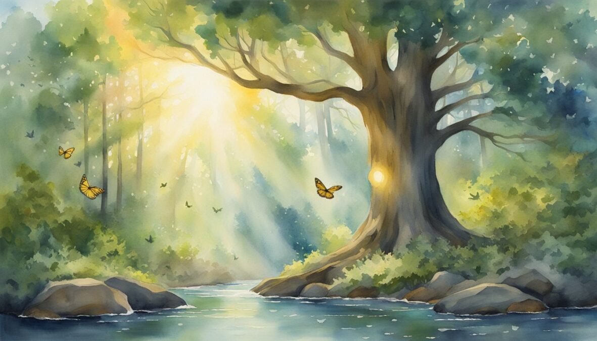 A glowing halo hovers above a peaceful forest, with rays of light shining down onto a clear, flowing stream.</p><p>The number 8383 is etched into the bark of a wise old tree, surrounded by fluttering butterflies and singing birds