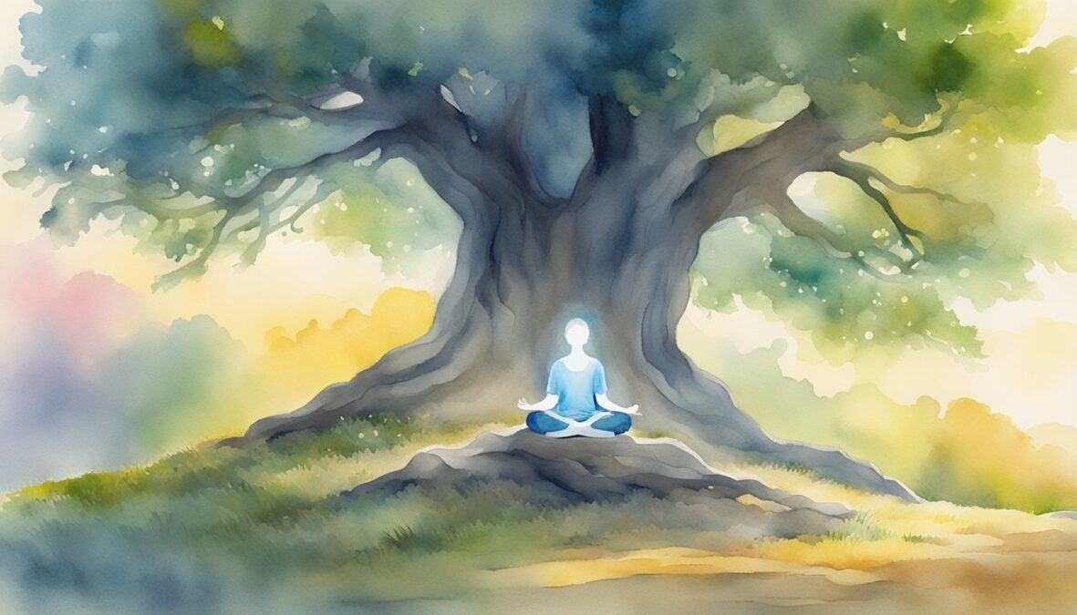 A person meditates under a tree, surrounded by the glow of 8383 angel number, bringing peace and enlightenment to their life