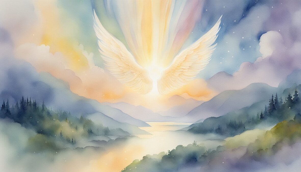A glowing 8383 angel number hovers above a serene landscape, surrounded by celestial light and a sense of divine presence